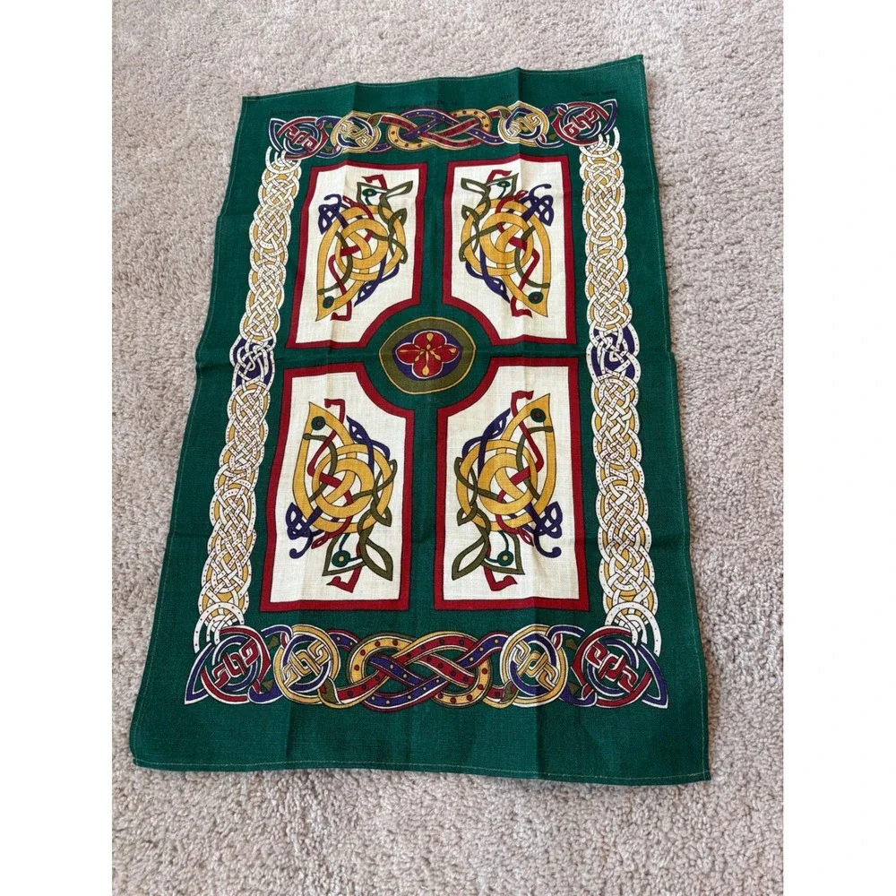 Ulster Irish Linen Celtic Tea Towel Green Zoomorphic Bird Knotwork Made Ireland